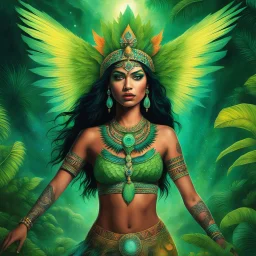 the midst of hallucinatory mushrooms, a feral girl in tribal attire dances with a reptilian god on a Mayan pyramid. Adorned in tattoos and jewelry, she moves with primal grace. The god, with green scales and wings, exudes a radiant aura halo. Their cosmic dance unfolds against a backdrop of lush green rainforest mountains. Their movements speak of primal desire and divine harmony. A symphony of ecstasy and forbidden allure paints the scene in psychedelic hues. The union of earthly sensuality and