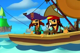 Cartoony Captain Jack Sparrow sailing on a small boat, in the middle of blue oceans, Legend Of Zelda: Wind Waker style, stylized, colorful, adventurous.