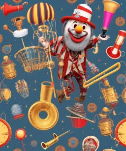 happy and funny old friendly clown with round head and trimmed beard playing jazz with a steampunk theme, trumpet on mouth, paintbrush and aisle, carnival, dreamy