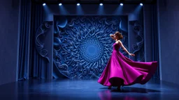 modern stage with gray-blue theme artistic decoration , color full dynamic lighting, a beautiful lady in modern maxy dark purple red dress with shining silver jwells dancing, 3D recursive fractal structure animating background