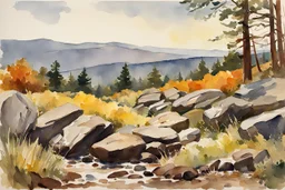 Sunny day, spring, rocks, mountains, epic, winslow homer watercolor paintings