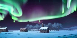 Medieval fantasy small Cattle farm in a bleak cold land, northern lights