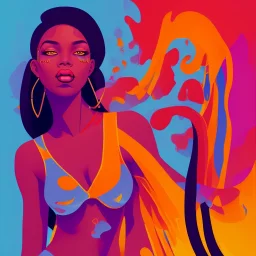 Portrait of beautiful black woman, illustration, bright colors, long hair