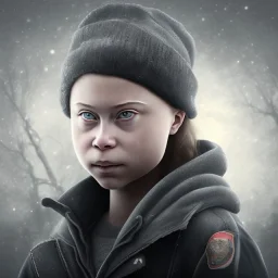 portrait of Greta Thunberg age 30 as a coal miner with coal on her face