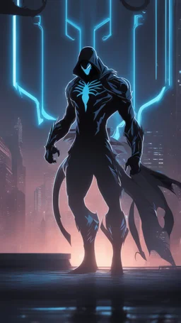 Mix between venom symbiote and Reaper in solo leveling shadow style with neon glowing blue