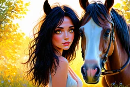 black light art, dramatic oil painting, flowerstorm, shading pastel and charcoal, cute chibi mohair brunette golden eyed happy woman with a horse in sunshine