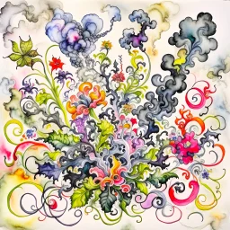 Design a watercolor artwork with an asymmetrical arrangement of vibrant, swirling smoke tendrils emerging from a central point, interwoven with depictions of wilted flowers and scattered tobacco leaves, symbolizing the detrimental impact of smoking and addiction.