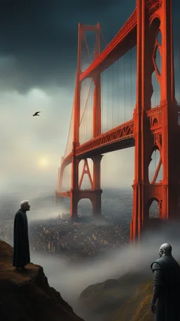 Bosch nightmares paining style Title:the giant is taller than San Francisco Golden Gate Bridge standing , 8k artistic photography, photorealistic concept art, soft natural volumetric cinematic perfect light, chiaroscuro, award-winning photograph, masterpiece, oil on canvas, Raphael, Caravaggio’s, Greg Rutkowski, people, beksinski, Giger