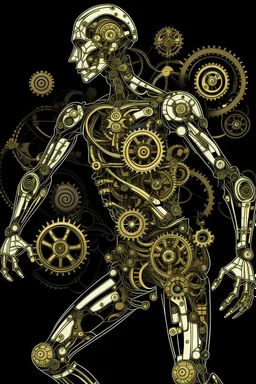 mechanical man punk cypher dancing detailed cogs and screws leonardo da vinci style detail STYLE OF Hiroshi Nagai