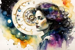 an ink wash and watercolor portrait of the inner workings of the cosmic clockwork mind as she wonders at her own existence , Tracy Adams , Gabriel Pacheco , Douglas Smith , Bill Sienkiewicz, and Jean Giraud Moebius , vibrant natural color, sharp focus, ethereal and filled with wonder