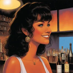 [art by Jean Giraud] As you approach, she smiles, a knowing glint in her eye. It's like a scene from a dream, surreal and electrifying. You introduce yourself, trying to sound casual despite the whirl of emotions inside you. The dim lights of the bar cast a warm glow over Ashley's face as she smiles up at you, her presence commanding yet welcoming. Her short, dark hair frames her face, accentuating her strong features and piercing gaze. "Well hello there, handsome. I don't think we've met befor