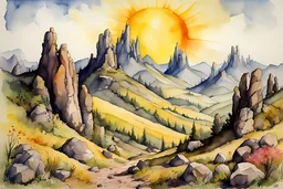 Sunny day, mountains, sci-fi, fantasy, rocky land, spring, albert durer watercolor paintings