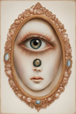 Set in rose-gold, mesmerizing—and bizarre is a Lovers Eye, Part-portrait, part-jewel, the miniature portraiture of a single eye of a beloved, painted with watercolor on ivory,18th century style, the beloved's eye floats uncannily against a monochromatic background. No other facial features anchored it, except an eyebrow. All focus on the composition’s core of a dark iris gazes ardently from behind a soft, love-drunk lid. Lovers eye portraiture, romantic, realism, Victorian, surrounded by blue ve