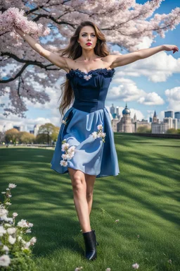 fullbody girl makeup wearing a victorian short dress walking in moder city of 2040 park ,flowers ,pretty clouds in blue sky,city escape.