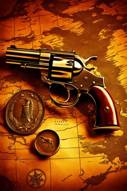 Ultra hyper photo realistic wild west pistol on old map with magnifying class and gold coins, highly detailed