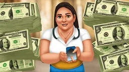 woman with fat hands gives a stack of cash to upgrade her iphone11. for an iphone 4