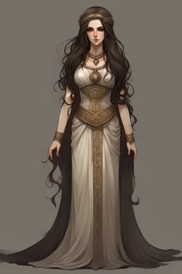 full body portrait of Cynara, the antagonist of a youth novel; she is a patron but became mean after a stroke of faith, she is beautiful and has long dark hair, her appearance is like a greek goddess