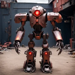 trash mech suit, human-sized, made of scrap metal, small, cockpit, light rust, round, red glowing eye