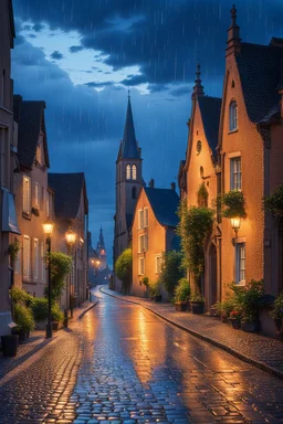 tranquil evening in a quaint town. Houses with illuminated windows dot the landscape, with their warm glow contrasting against the cool blue hues of the evening sky. Raindrops glisten on the cobblestone streets, reflecting the soft light from the street lamps. In the distance, a church or cathedral with a prominent spire stands tall, its silhouette contrasting against the fading light. The overall ambiance is one of serenity and nostalgia, evoking feelings of coziness and warmth amidst the chill