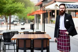 bearded man in elegant suit with checkered skirt on high heels standing next to a restaurant holding a laptop case in sunshine