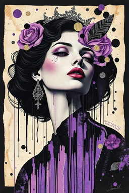 Deconstructed Collage Symphony of surreal ghotic female patrician figure with fragmented harmonious composition. Feature a diverse palette BLACK AND Violet to create a sense of visual richness and texture,glitter sparkling drip effect againts newpaper clippings