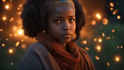 little young Ethiopian girl, peaceful, gentle, confident, calm, wise, facing camera, head and shoulders, traditional Ethiopian costume, perfect eyes, exquisite composition, night scene, fireflies, moon, stars, beautiful intricate insanely detailed octane render, trending on artstation, 8k artistic photography, photorealistic concept art, soft natural volumetric cinematic perfect light, chiaroscuro, award-winning photograph, masterpiece, Raphael, Caravaggio, Bouguereau, Alma-Tadema