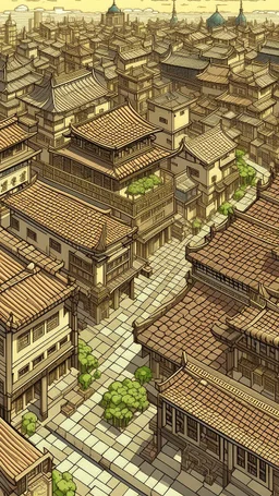 A brown city with blocky buildings designed in medieval tapestry painted by Katsushika Hokusai