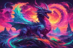 Dragon in a vibrant synthwave dreamscape, neon chaos swirling energetically around pixelated forms, a dynamic fusion of retro gaming nostalgia and futuristic abstraction