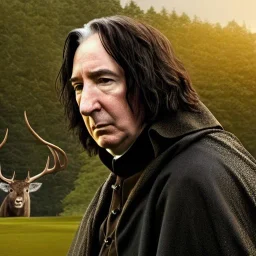 high-quality, fine-detail close-up portrait of alan Rickman as Severus Snape, Harry Potter, castle in the background, deer made of light in foreground, 8k resolution, 3D octane render, intricate, digital art, detailed matte, volumetric lighting, George Grie, Anne Dittman, Anne Stokes, Lisa Parker, Selina French,