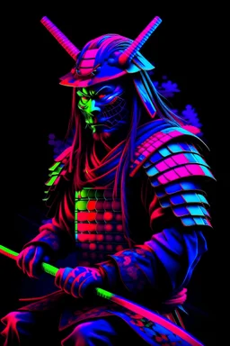 Samurai with neons and red, blue, green and purple colours