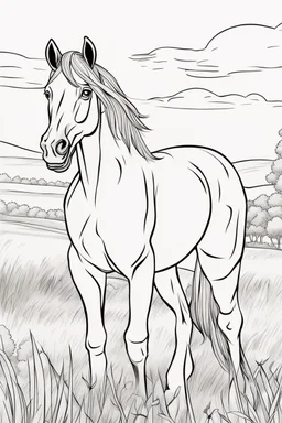 coloring page, horse in a grassy meadow, cartoon style, thick lines, low detail, no shading