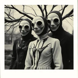 foto close-up polaroid 1980 surreale di persone con maschera e occhi grandi, sorrisi falsi, banco e nero, dettagloli dei vestiti molto accentuati, misterioso, tenebroso, marcio, macabro, street, aria aperta, albero secco, fiotti di liquido nero, minimalist, Max Ernst style, strangeness, sundial light, intricate, hypnotic, obsessive, 8k, deep 3d field, very accentuated details of the dress and skin, eerily mysterious, artistic photo, shot on Hasselblad