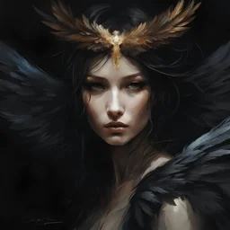 Dark and ethereal, the angel's black wings spread, Each feather carried with it an ancient story, a deep secret that hid in the shadows. cinematic detailed mysterious sharp focus high contrast dramatic volumetric lighting, :: mysterious and dark esoteric atmosphere :: matte digital painting by Jeremy Mann + Carne Griffiths + Leonid Afremov, black background