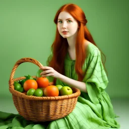 A beautiful young woman with orange hair sitting in a light green dress with a basket full of mangoes. All on a light background that can be easily removed.