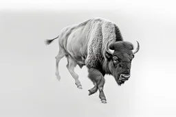 Bison walking towards viewer's right, on white background, fades out on the left