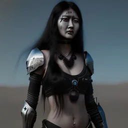 black long hair lady warrior top black eyes under the Moon