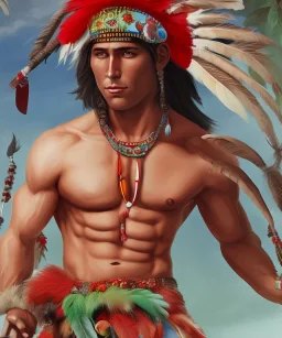 Guaicaipuro, native american god warrior, long black hair, big muscles, red feathers headdress, shirtless, holding a stone tip spear