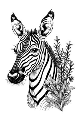 portrait of okapi and background fill with flowers on white paper with black outline only
