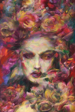 Generate a captivating digital artwork where a vivid explosion of images on a canvas bursts forth, weaving together elements of a woman, demons, tattoos, flowers, and stormy hues. Capture the essence of dynamic creativity in this abstract masterpiece."