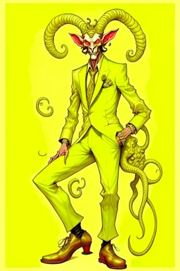 Satyr with cloven hooves, horns, and a tail who is wearing a designer silk suit by Pucci; neo-surrealism