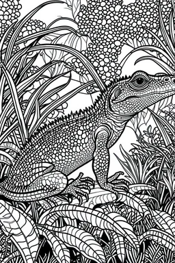 Outline art, lizard in the garden, cartoon style, black and white, low detail, --ar 9:11