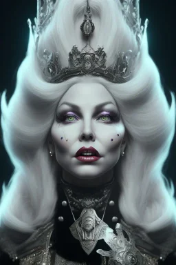 Mae West as evil queen in black leather, leather, busty, cleavage, angry, stern look. character design by cory loftis, fenghua zhong, ryohei hase, ismail inceoglu and ruan jia. unreal engine 5, artistic lighting, highly detailed, photorealistic, fantasy