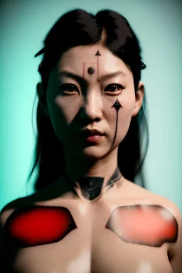 Photo Studio portrait, Asian woman samurai, yakuza body tattoos :: symmetry photography, cyberpunk style :: latex dress, japanese traditional ornaments, red, white, black, led wires, glow eyes, cinematic, Ultra realistic, dark scene, wide angle view, soft color, highly detailed, unreal engine 5, RTX, ultra detail, 3d, finely drawn, high definition.