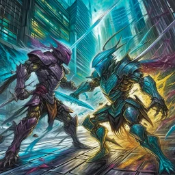 In the midst of a futuristic urban landscape, two combatants clash in a vivid, high-octane spectacle. One fighter is a cybernetically enhanced warrior with shimmering metallic armor, while the other is a mystical sorcerer with swirling energy crackling around them. This scene is depicted in a stunning, ultra-detailed, graffiti-style painting that combines spray paint, oil, and gouache to create a vibrant, polychromatic masterpiece. The colors are bold and high-contrast, with every minute detail