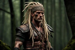 photorealistic portait of henry cavell as modern warrior with blonde dreadlocks tribal tattoos dark fantasy dark forest