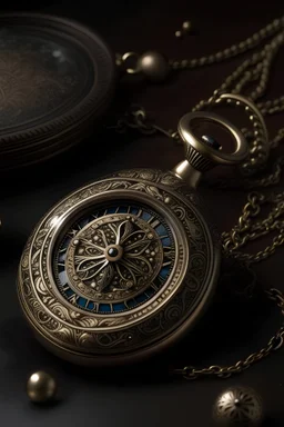 A vintage brass pocket watch adorned with celestial motifs, its cover featuring intricate designs reminiscent of a starry night. The watch lacks conventional hands or numbers, yet it exudes a sense of mystical time. Envision the watch in an ethereal glow, capturing the essence of its subtle time-manipulating magic.
