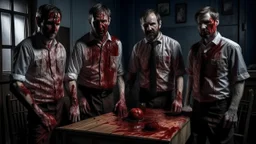 four men zombies in adark room look at the top bloody