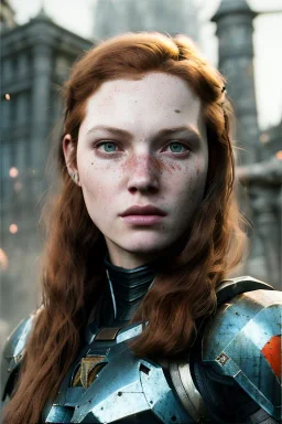 ultrarealistic, concept art,ruined city,__intricate fantasy armor__, no star, __angles__, 16 year old woman, strikingly beautiful,ginger hair, _colour_, (pale __skincolor__ skin:1.2), __camera__, long hair, detailed face and eyes, medium breasts, sci-fi theme, freckles, dynamic pose, resolved expression, __accessory__, strappy outfit, (straps:1.1), sword in scabbard on left hip, (buckles, buttons, snaps, rings:1.0), haltertop style breastplate, detailed eyes, plump lips