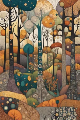 random color Zentangle patterns in the styles of Gustav Klimt ,Wassily Kandinsky, Paul Klee, and Kay Nielsen that depicts a a remote autumn forest glade, with fine ink outlining