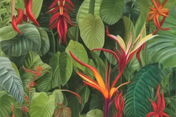 fine color pencil, botanical illustration book cover design, tropical plants, orchids, rubber trees, poinsettias, cacao trees, venus fly traps, passion flowers, peace lilies, brazil nut trees, mahogany trees, passion fruits, lianas, birds of paradise, strangler fig, quinine, 3d depth effect, shadows, ambient occlusion, intricate, detailed, small minutiae, tiny features, particulars, bright colours, autocontrast, dynamic range, white parchment canvas